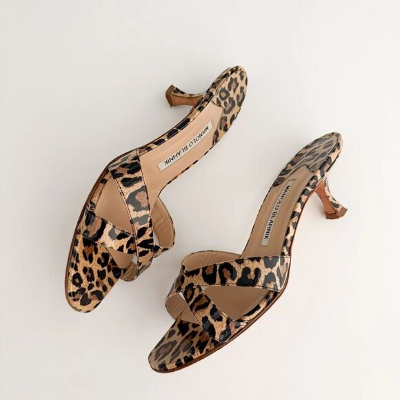 Manolo Blahnik Leopard Print Sandal patent Leather Kitten Heels 38.5 Italy - Picture 7 of 12